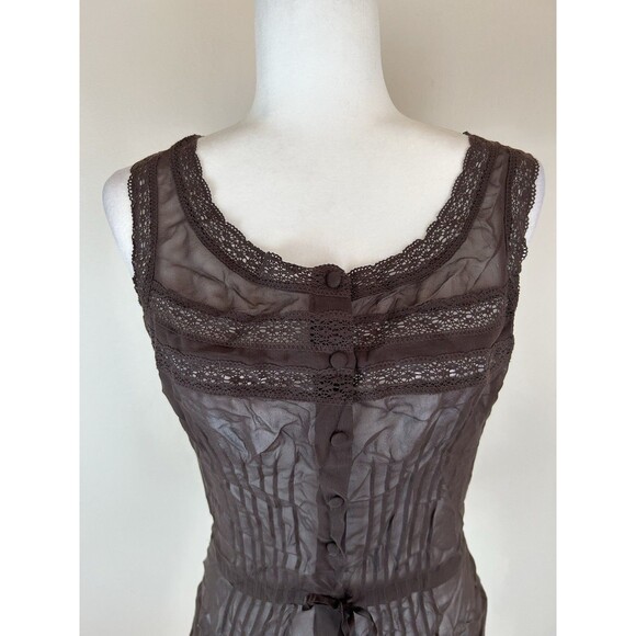 Vintage Express Small 100% Silk Top Blouse Brown Crochet Sheer Peasant Fairy - Picture 2 of 5
